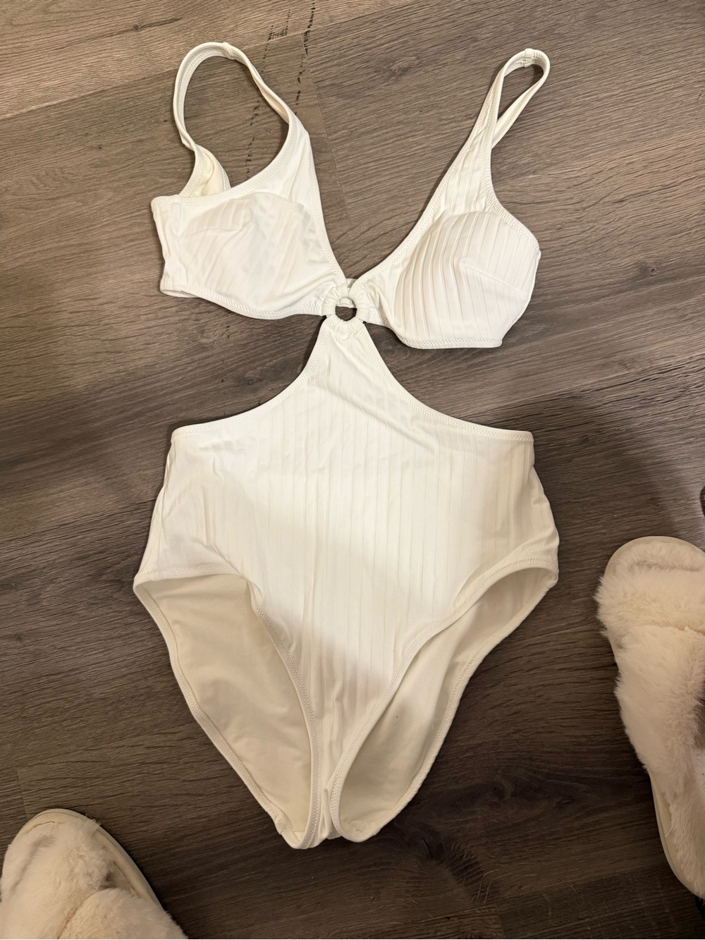 aerie White Ribbed One-Piece Swimsuit with Center Ring Cutout